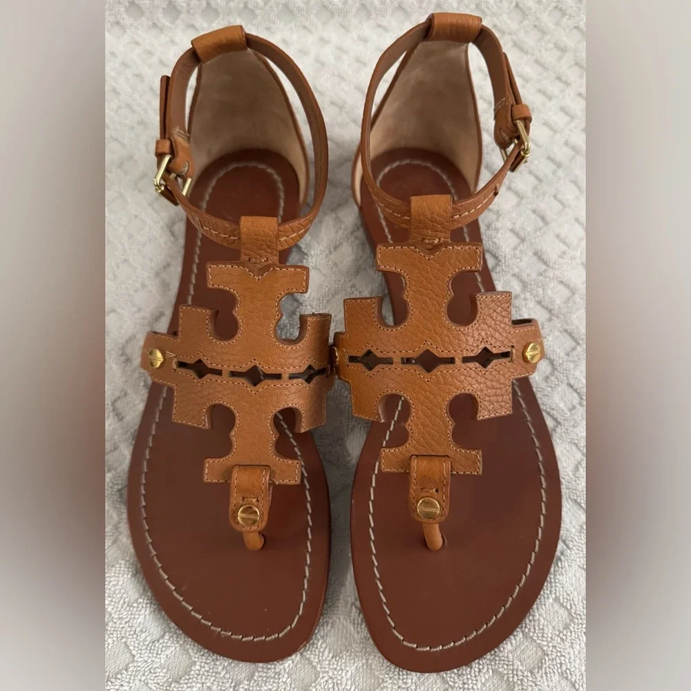 Tory Burch Phoebe Flat Thong Tumbled Leather Sandal Royal Tan Brown Size 6 30437 - Picture 12 of 16